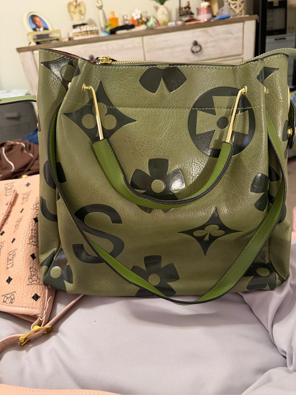 Olive Green Monogram Tote Bag with Gold Accents